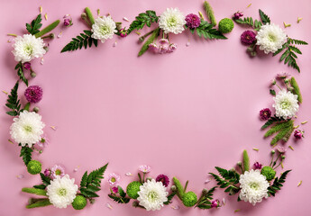 Frame made of colorful flowers chrysanthemum isolated on pastel pink background. Flowers composition. Summer wreath of chrysanthemum flowers. Flat lay.