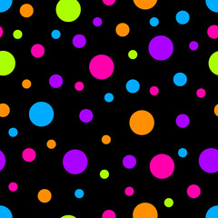 Seamless pattern. Black background with colorful circles . Vector illustration.