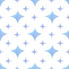 Seamless geometric pattern with stars. Watercolor abstract blue background for textile, kids decor, wallpapers