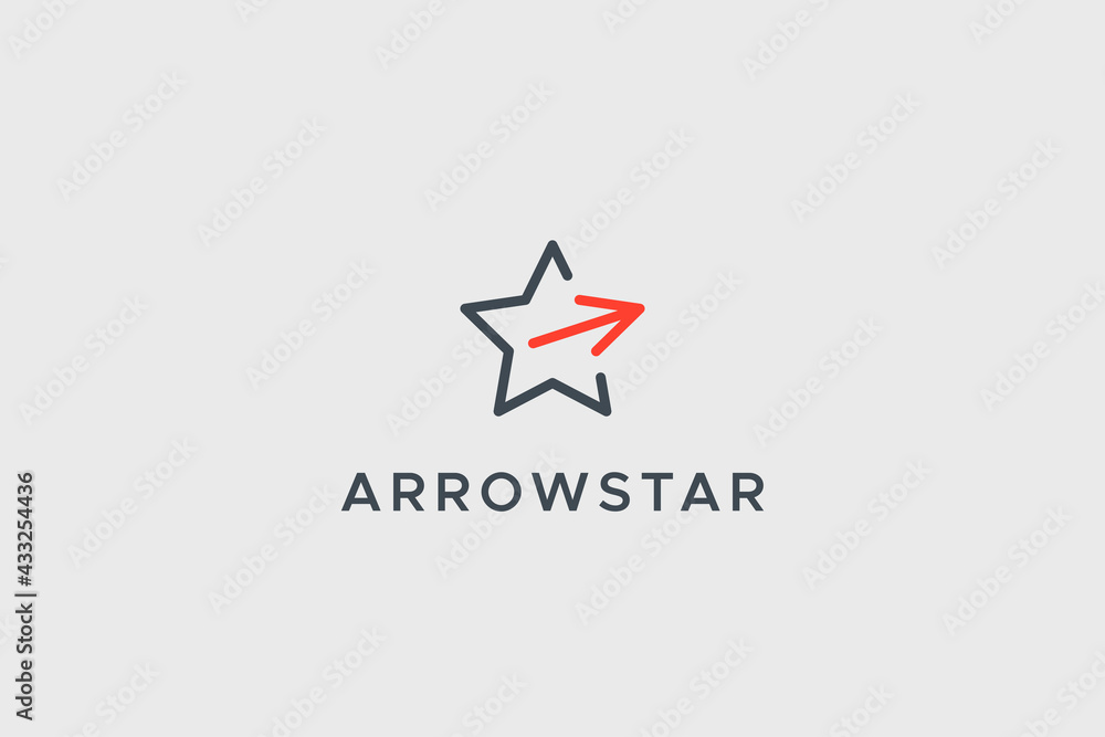 Poster star arrow logo line. retro geometric line five star icon with red right arrow isolated on white bac