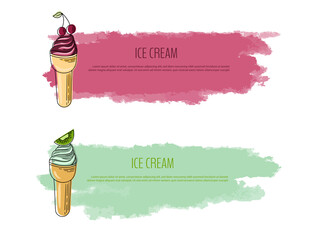 Summer Flyer with lettering and watercolor background. Vector illustration with cherry and kiwi ice cream. © Katisko