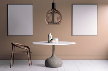 mock up poster frame in modern interior background, dinning room, Scandinavian style, 3D render, Brown wall