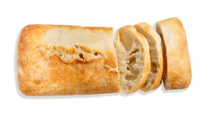 Italian ciabatta bread. Sliced loaf of bread isolated on white. Top view.