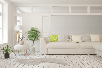 White living room with sofa. Scandinavian interior design. 3D illustration