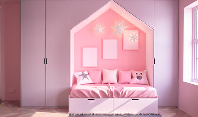 Mock up poster children's pink color room, with stars light bulbs. 3d illustration