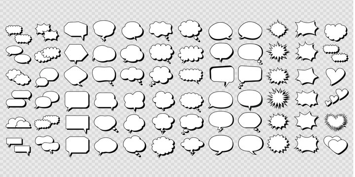Cartoon talk bubble. Speech clouds, thinking bubbles and conversation text elements vector illustration set. Empty speech and thought bubbles in pop art style. Good scaling. Perfect transparency