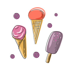 Complete collection of cartoon summer delicious ice cream in flat style. Vector illustration. Bright summer poster with sweet food.