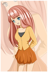 Happy beautiful and cute girl pink long hair design character cartoon illustration