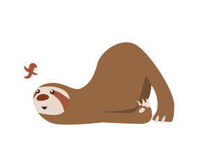 Cute baby sloth lies and looks at the bird. Adorable cartoon animal. Funny cartoon sloth sleeping with full belly. Cute lazy character illustration © the8monkey