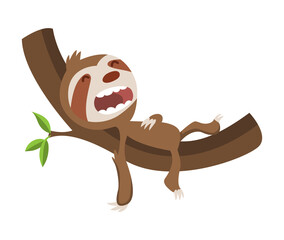 Cute baby sloth sleeping on branch. funny sloth illustration for summer design. Adorable cartoon animal. Funny cartoon sloth sleeping with full belly. Cute lazy character illustration © the8monkey