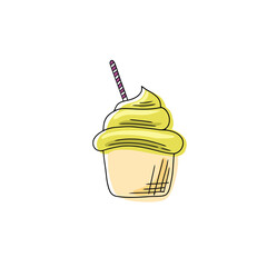 Ice cream with a waffle cup on a white plate with yellow glaze. Vector illustration © Katisko