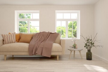 Fototapeta premium Minimalist living room in white color with sofa and summer landscape in window. Scandinavian interior design. 3D illustration