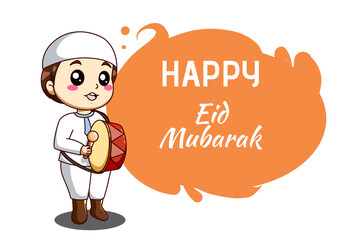 Cute muslim boy with drum celebrating mubarak cartoon illustration