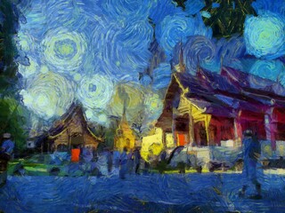 Fototapeta na wymiar Wat Phra Singh Temple Chiang Mai Thailand Illustrations creates an impressionist style of painting.