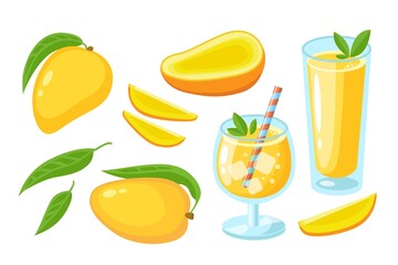 Mango juice, cocktail, slice, whole with leaf and pieces set isolated on white. Juice or jam logo element. Vector flat illustration tropical fruits. Design  for print, banner, background, packaging