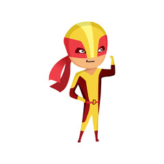 Kid Dressed as Superhero. Cute superhero kid in colorful costume. Funny Flat Isolated kid wearing superhero costume. Movie character