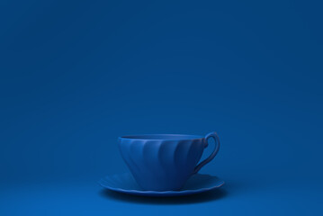 Blue Coffee cup luxurious floating in blue background. minimal concept idea creative. monochrome. 3D render.