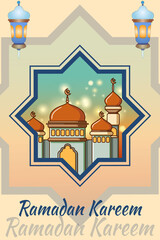 Beautiful gold mosque view in ramadan kareem background cartoon illustration