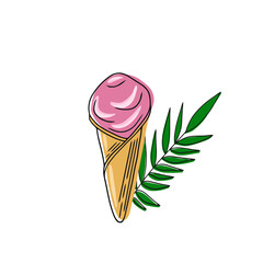 Ice cream with a waffle tube with a tropical green leaf on a white plate with pink frosting. Vector illustration © Katisko