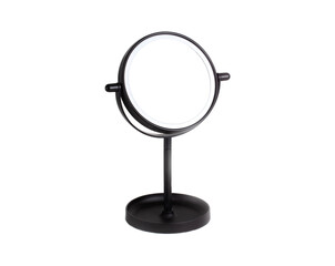 Illuminated black cosmetic mirror on white background, isolate, modern