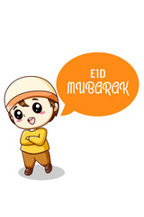 Cute and funny muslim boy celebrating mubarak cartoon illustration