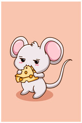 Cute and funny little mouse with cheese animal cartoon illustration