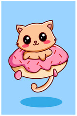 Cute and funny little cat on donuts animal cartoon illustration