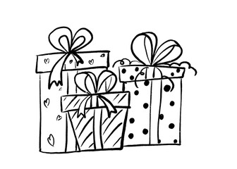 Illustration of gifts drawn with a black line in doodle style.