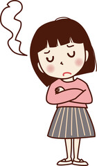 手を組んで悩む表情の若い女性。