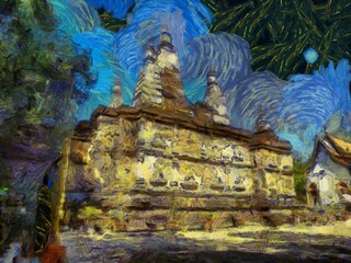 Wat Chet Yot temple,Ancient pagoda decorated with stucco designs. Is a Bodh Gaya pagoda India Illustrations creates an impressionist style of painting.