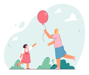 Cartoon woman giving pink balloon to little girl. Flat vector illustration. Happy mother handing balloon to her daughter for good behavior or as gift. Present, happiness, family, childhood concept