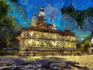 Wat Chet Yot temple,Ancient pagoda decorated with stucco designs. Is a Bodh Gaya pagoda India Illustrations creates an impressionist style of painting.