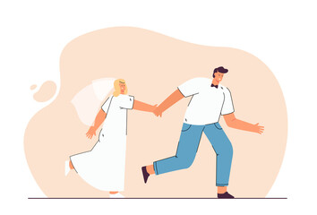 Happy bride and groom running, holding hands. Flat vector illustration. Cartoon woman in white dress and veil with man in white shirt and bow tie, moving forward together. Wedding, family concept