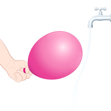 Bending water caused by a charged balloon. Static attraction, physical experiment. Set the tap running gently, rub the balloon on your hair, move it near to the stream and the water is attracted.
