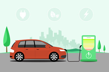 Flat vector illustration style of a white electric car charging at the green charger station. Electromobility e-motion concept.