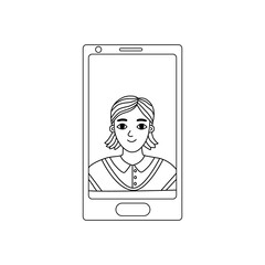 Girl on the phone screen.Simple black outline on white. Illustration of a video call with a young woman, chat online. Hand drawn vector illustration in Doodle style