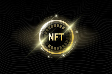 NFT non-fungible gold token on black background. Online money for buy exclusive art poster. Pay for unique collectibles in games banner. Blockchain technology crypto shiny coin. EPS illustration