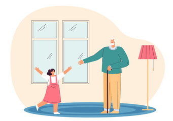 Grandfather welcoming his granddaughter. Flat vector illustration. Little girl running into arms of her grandpa, standing in middle of living room. Family, childhood, home, love concept