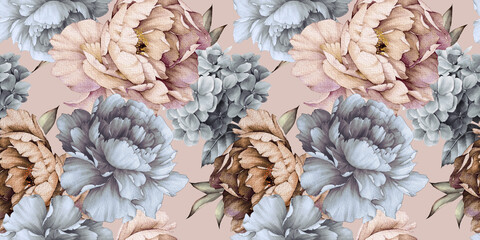 Seamless floral pattern with peonies on summer background, watercolor illustration. Template design for textiles, interior, clothes, wallpaper - 433259462