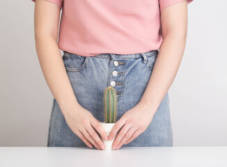 The girl holds a cactus against the background of the pubic zone of the urological and reproductive...