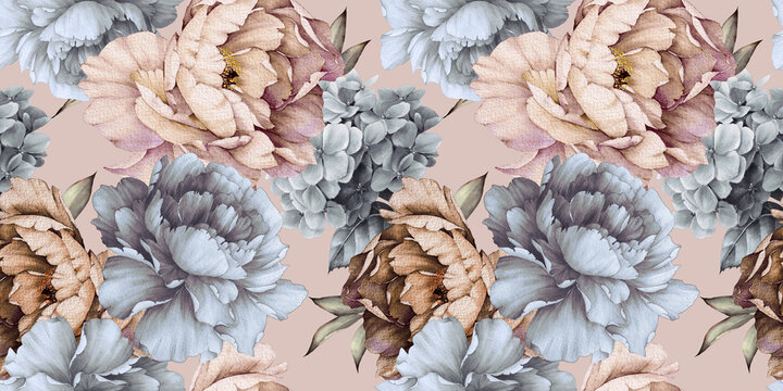 Seamless floral pattern with peonies on summer background, watercolor illustration. Template design for textiles, interior, clothes, wallpaper