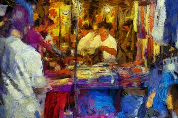 Fototapeta na wymiar Chiang Mai Walking Street Thailand Handicraft market Illustrations creates an impressionist style of painting.