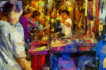 Fototapeta na wymiar Chiang Mai Walking Street Thailand Handicraft market Illustrations creates an impressionist style of painting.
