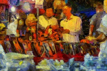 Fototapeta premium Chiang Mai Walking Street Thailand Handicraft market Illustrations creates an impressionist style of painting.