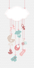 Schmale Karte Hängende Babysymbole Mädchen Unter Wolke Rosa Mintgrün Sterne Grau