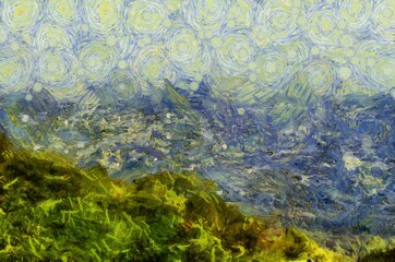 Landscape view Of Chiang Mai City Thailand on Doi Suthep Illustrations creates an impressionist style of painting.