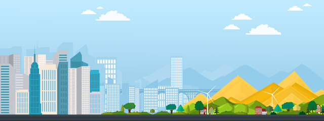 Obraz premium City view with bridge. Modern metropolis with mountains. Vector poster. 
