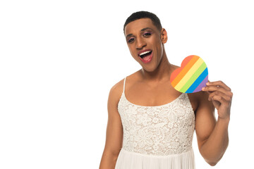 amazed african american transsexual man holding lgbt colors paper heart isolated on white