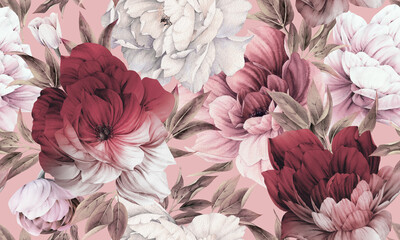 Seamless floral pattern with peonies on summer background, watercolor illustration. Template design for textiles, interior, clothes, wallpaper - 433260491