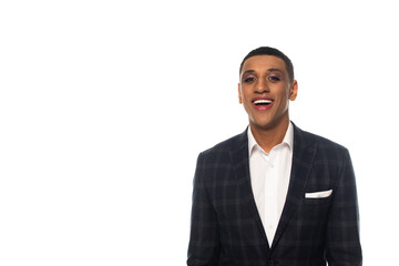 homosexual african american businessman with makeup laughing at camera isolated on white